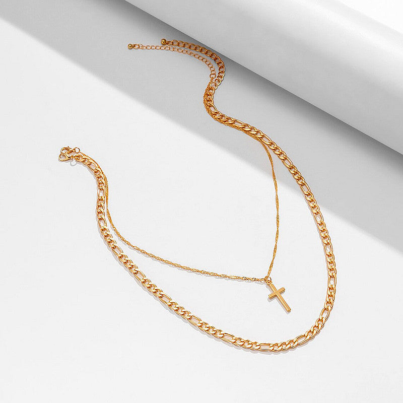 Punk Cuban Chain Stacked Cross Pendant Necklace