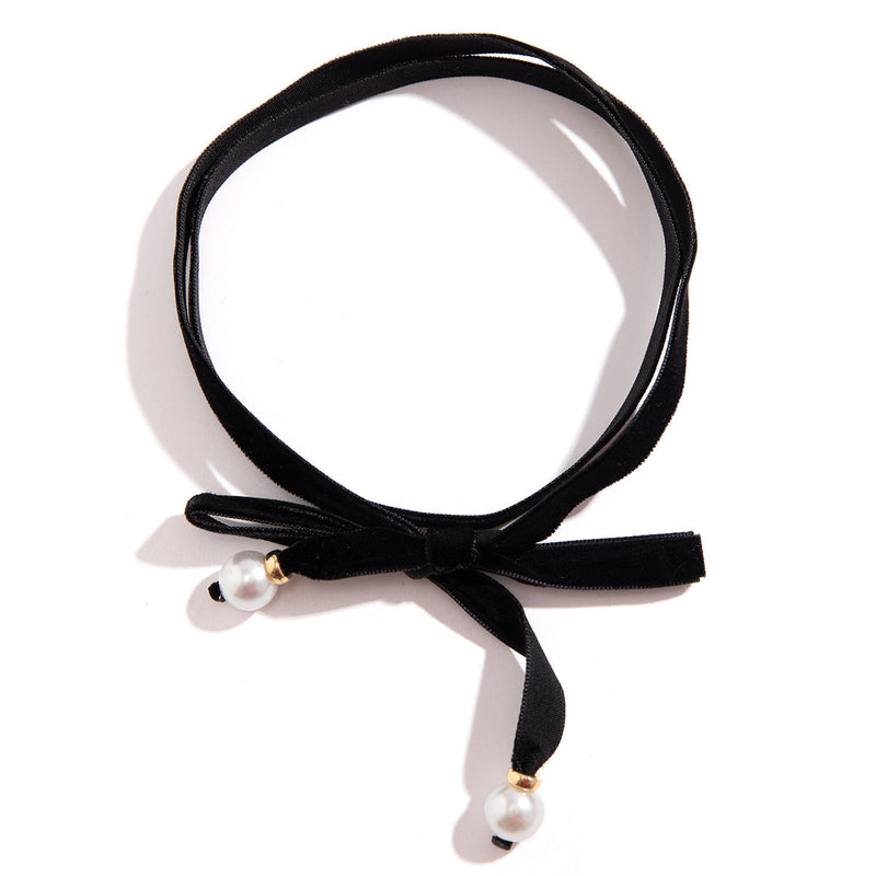 Velvet Pearl Bow Ribbon Choker Simple Long Lace up Choker Necklaces