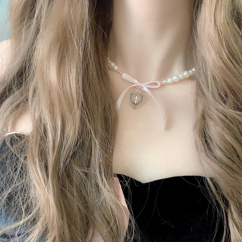 Pink Bow Love Cross Pearl Necklace Chain Collar