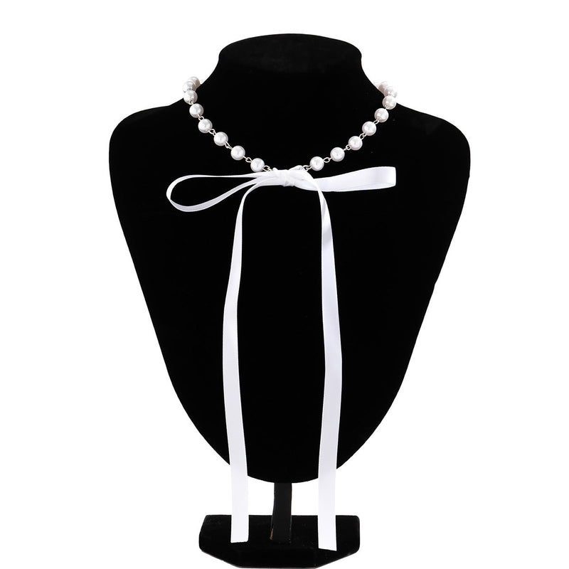 Elegant Pearl Bow Knot Choker Necklace Long Ribbon