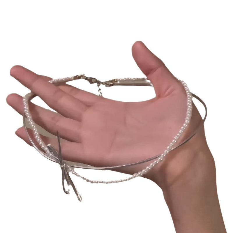 PU Leather Bow Clavicle Chain Choker Pearl Girl Necklace