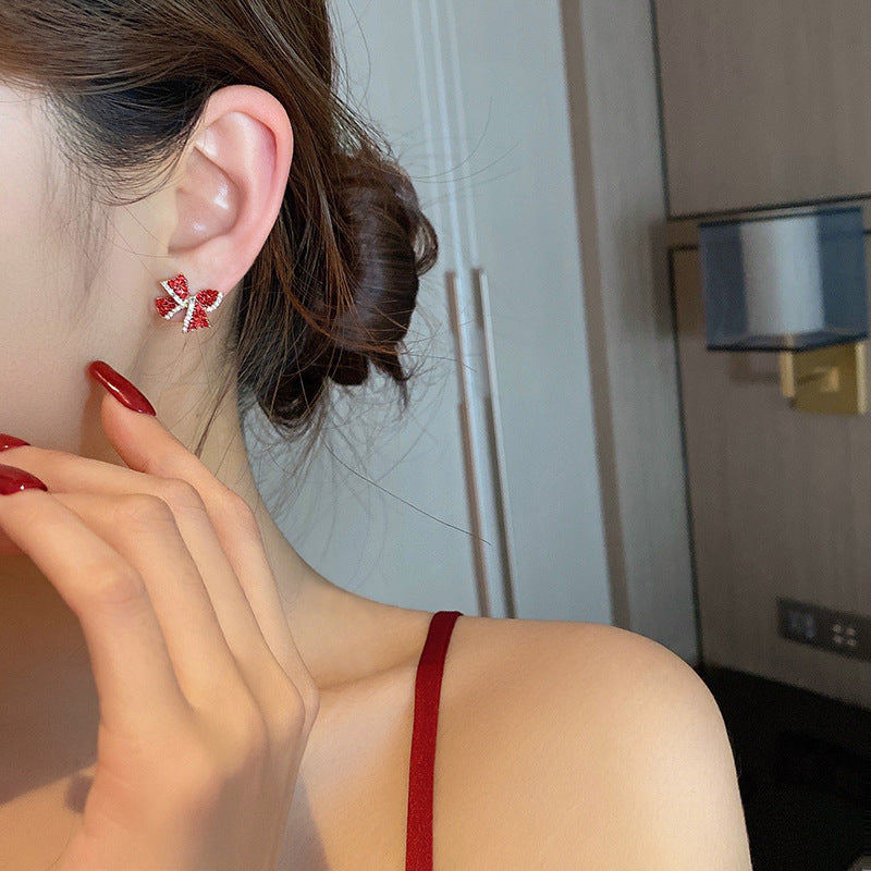 Red Rhinestone Bow Stud Earrings