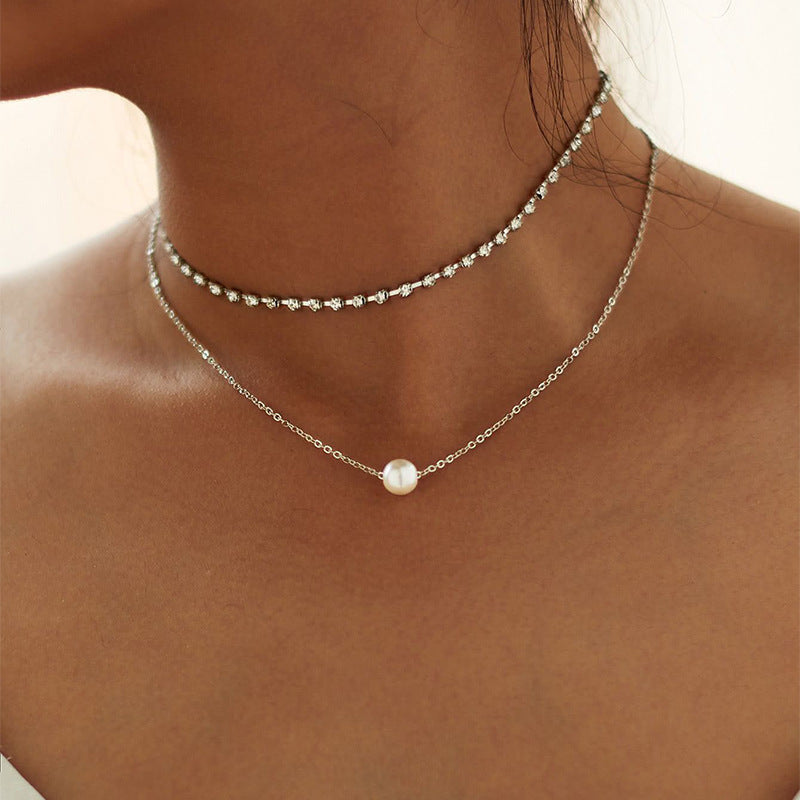 Imitation Pearl Pendant Necklace Zircon Chain