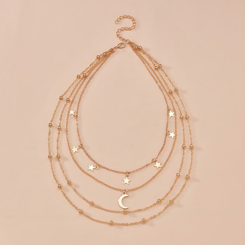 Fashion Star and Moon Three Layer Plated Gold Necklace