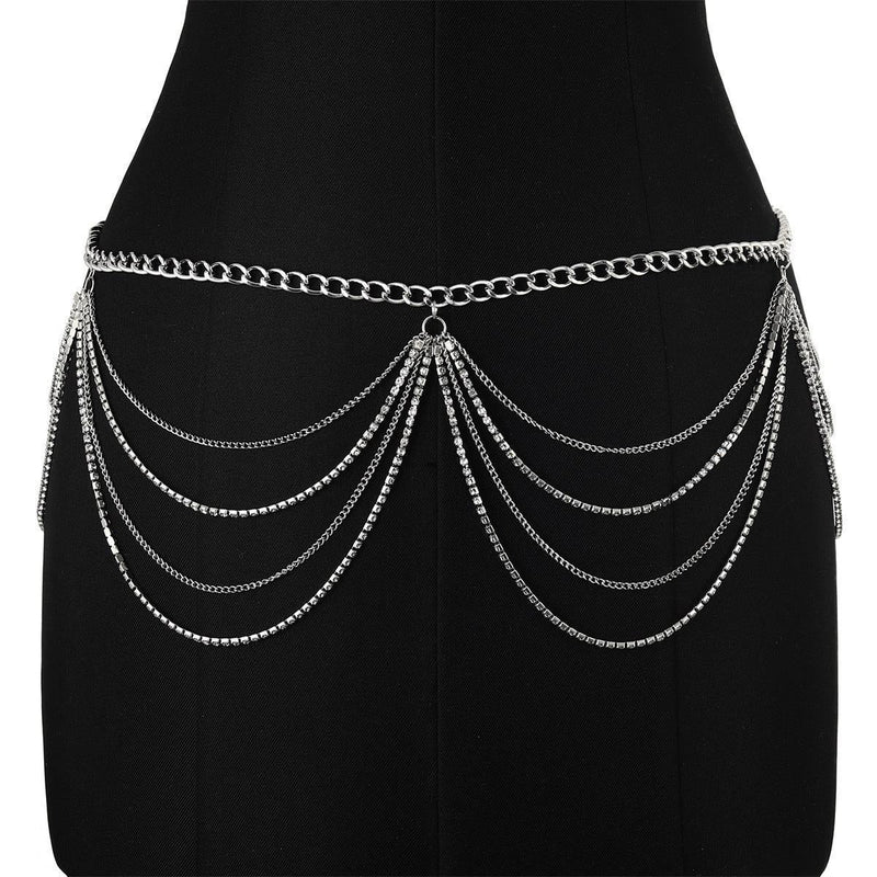 Metal Rhinestone Waist Chain Tassel Multi-layer Waist Chain