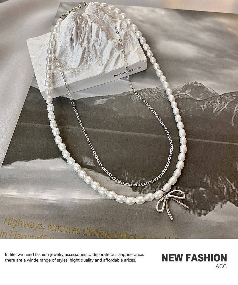 Double Layer Pearl Necklace Women Bow Necklace