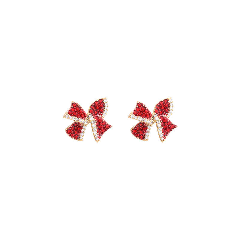Red Rhinestone Bow Stud Earrings