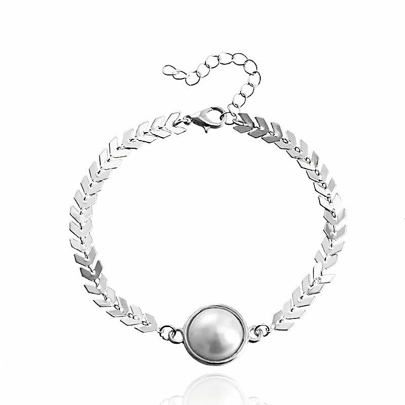 Leaf Chain Pearl Charm Bracelet