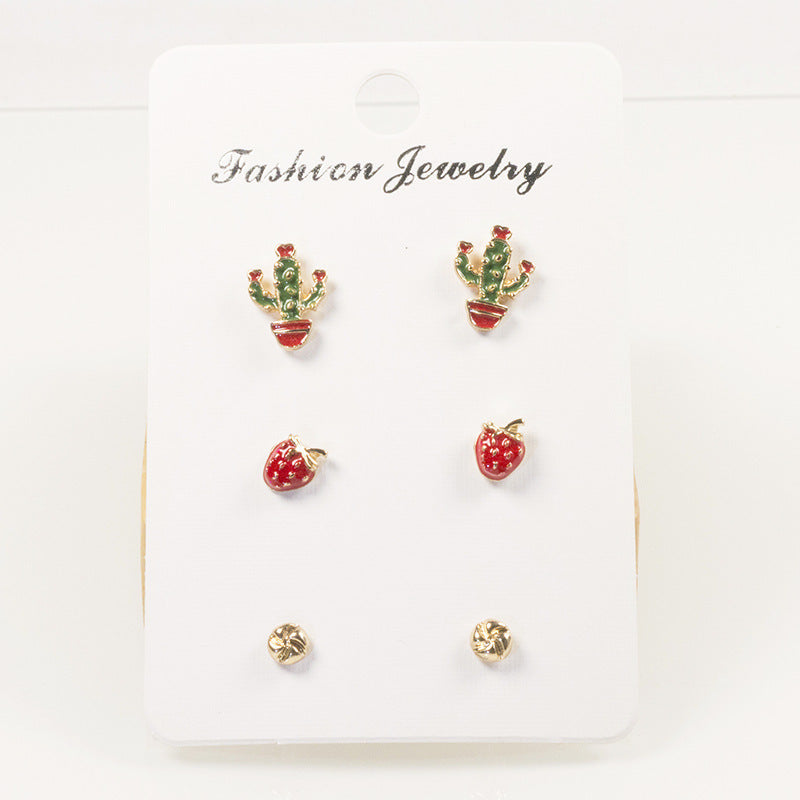 Cactus strawberry stud earrings set