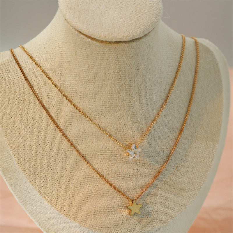 Vintage Multi Layer Zircon Double Crystal Cute Star Choker Chain Necklace