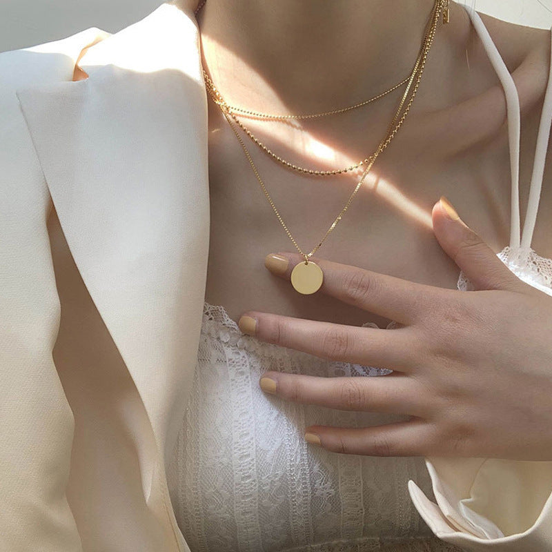 Multi 3 Layers Chain Metallic Metal Round Disc Pendant Necklace