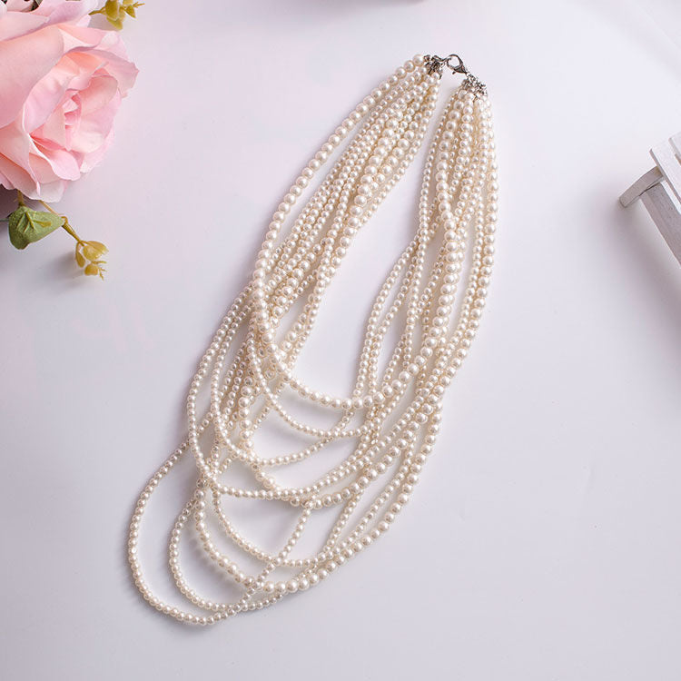 Beaded Pearl Strand Layered Long Fashion Jewelry Necklace