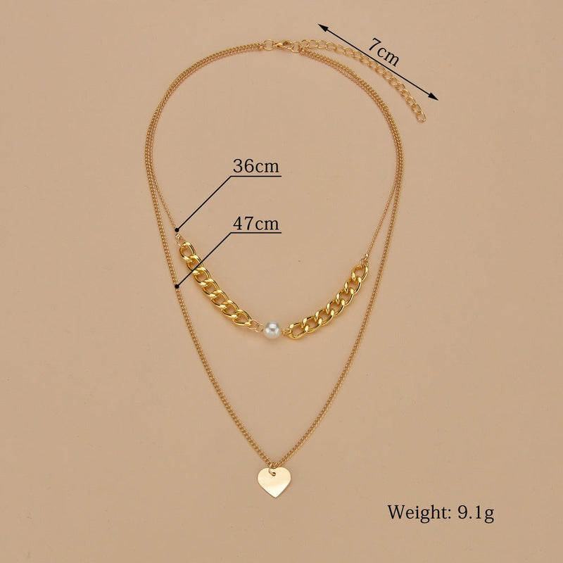 Double Layers Chain Heart Pearl Pendant Necklace