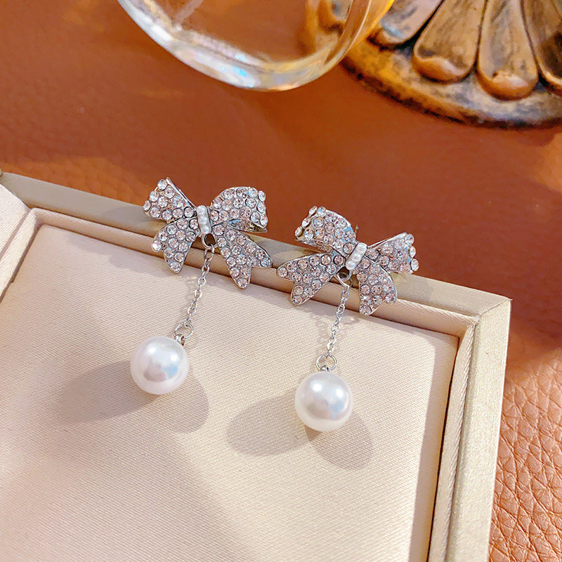 Crystal Rhinestone Bow Pearl Drop Stud Earrings
