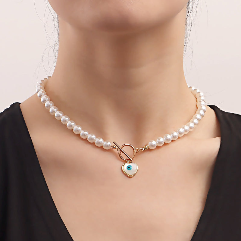 Pearl Beads Chain Necklace Blue Turquoise Heart Pendant Choker