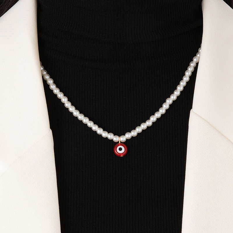 Blue Eyed Beads Pendant Women Pearl Necklace Simple Short Collar