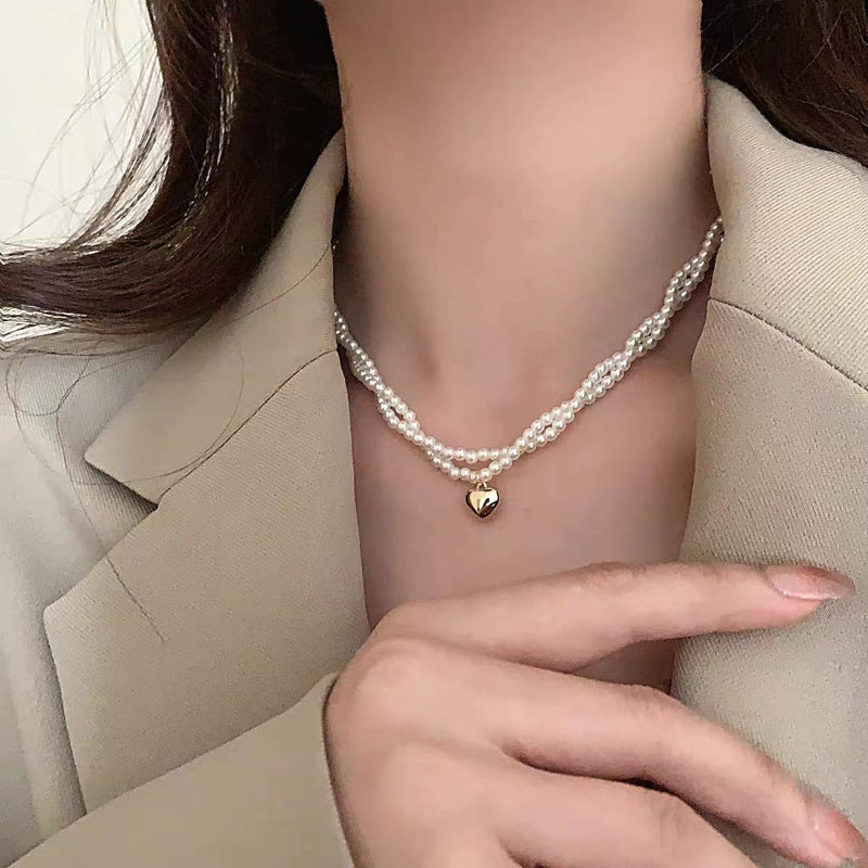 Multi Layer Pearl Necklace Luxury Wrapping Heart Pendant Chain Choker for Women
