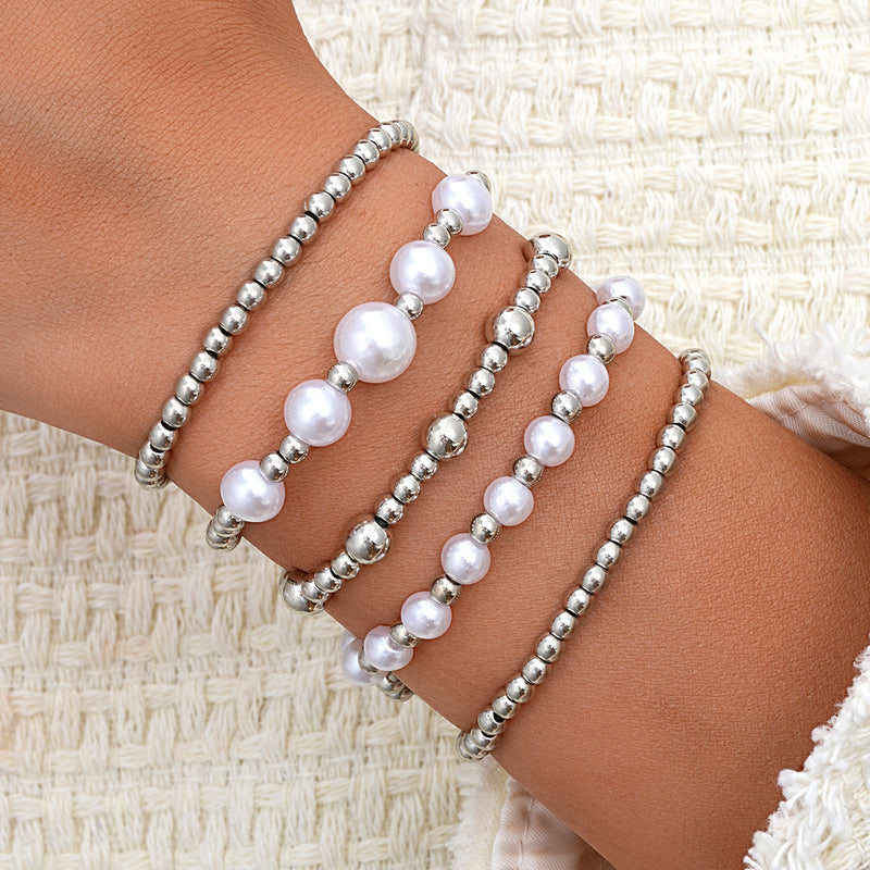 Imitation Pearl Metallic Round Beads Bracelet Set