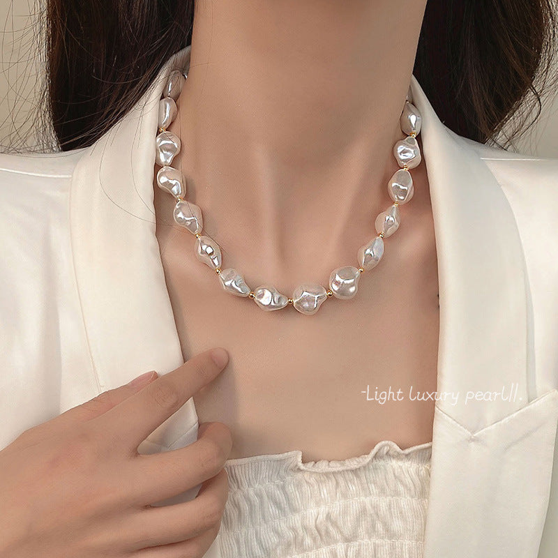 Irregular Baroque Pearl Beaded Necklace for Women Gold Pleated OT Clasp Choker