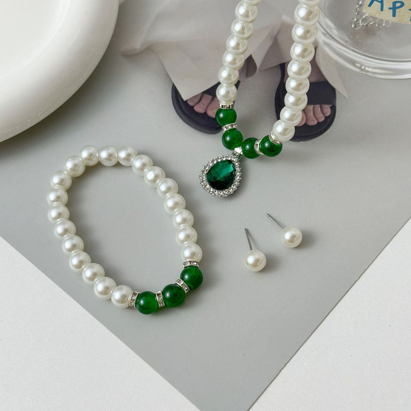 Glass Pearl Emerald Waterdrop Pendant Necklace Set