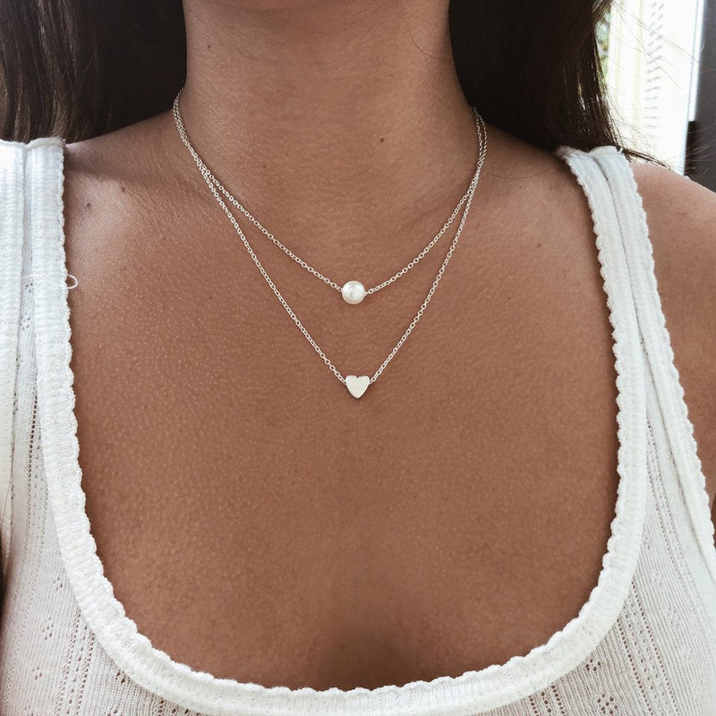Sweet Double Layer White Pearl Heart Pendant Chain Necklace