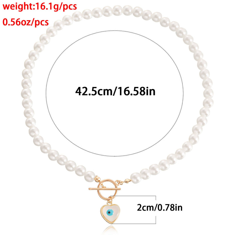 Pearl Beads Chain Necklace Blue Turquoise Heart Pendant Choker