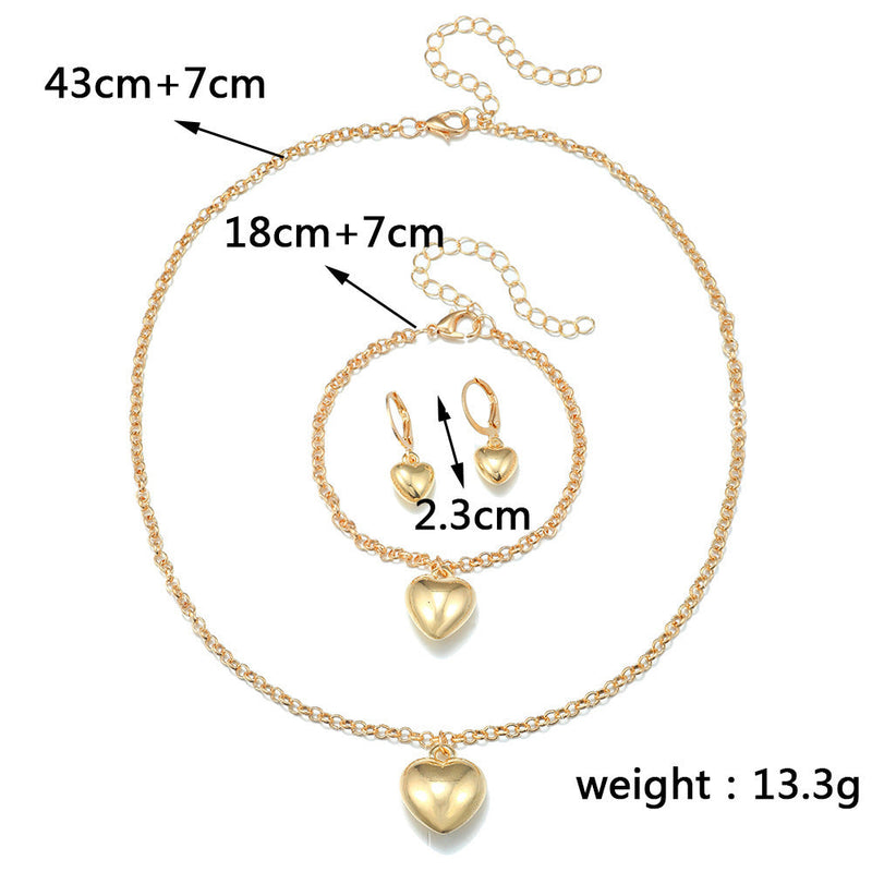 Women Heart Pendant Necklace Earring Bracelet Set