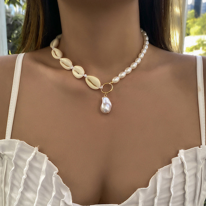 Beach White Irregular Baroque Pearl Pendant Shell Bead Necklace