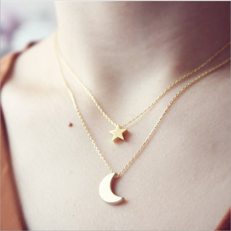 Alloy Star Moon Pendant Two Layered Necklace