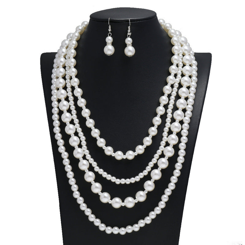 Fashion Multi Layers Long Pearl Necklace Earrings Set for Women