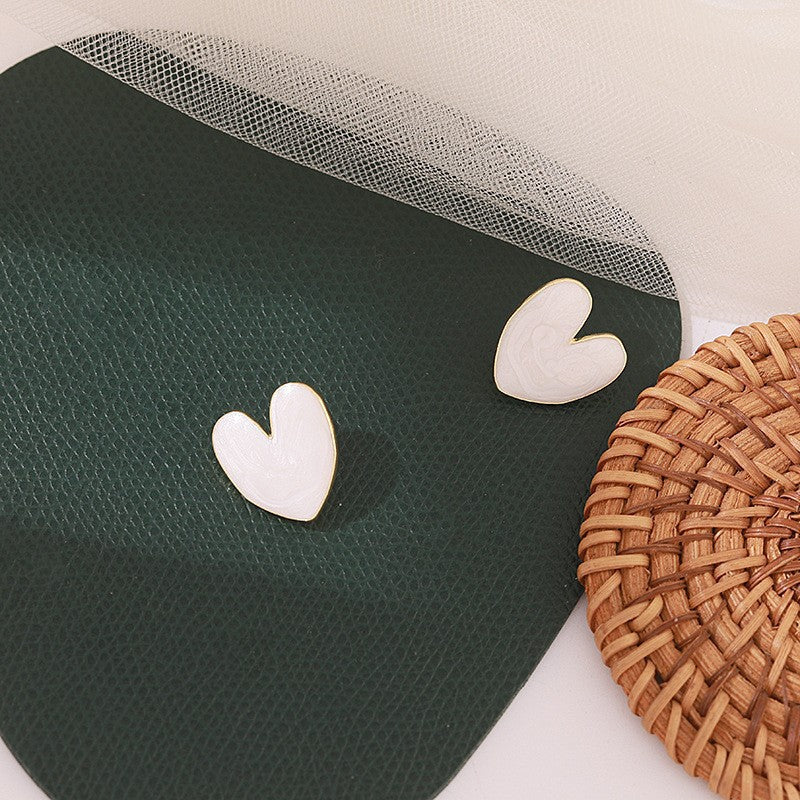 White Enamel Heart Love Stud Earrings