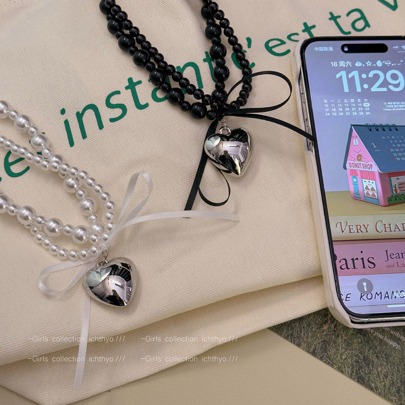 Black Ribbon Bow Heart Pendant Necklace for Women