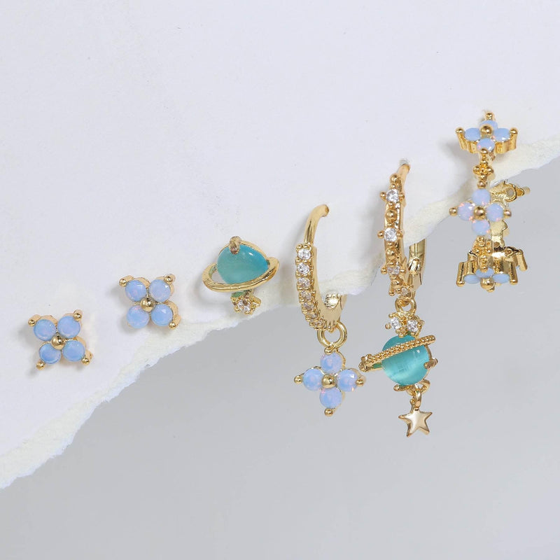 Stacking 6 Pieces Blue Flower Pierced Earring Set with Zircon, 18k Gold Plated Ear Studs and Ear Drops, Women's Fashion Jewelry for Party Daily Stacked Lobe Earrings