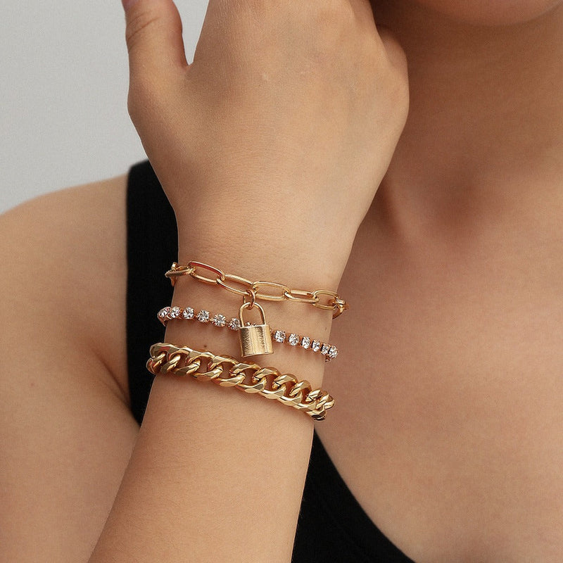 Bohemian Layered Lock Charm Bracelet Set