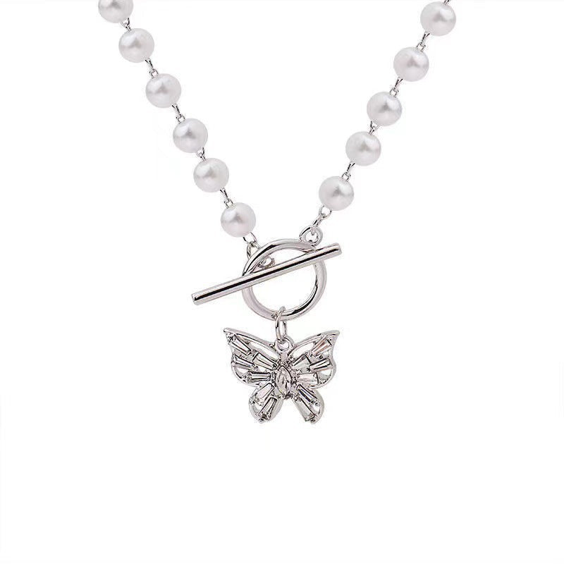 Fashion Stone Pearl butterfly Choker Collar Necklace