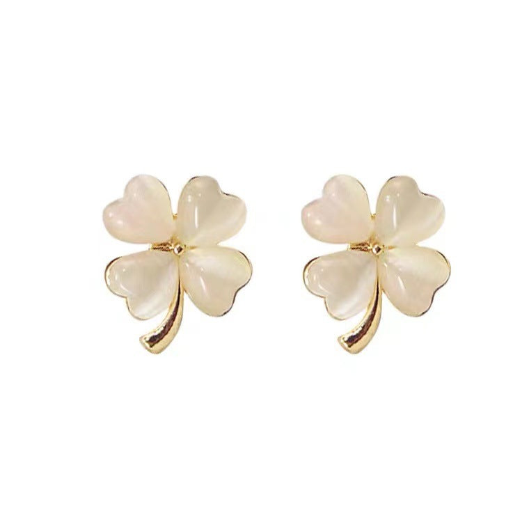 Elegant Opal Love Heart Four Leaf Clover Stud Earrings