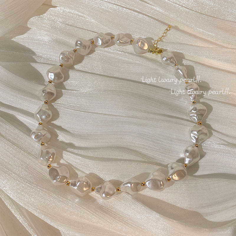 Irregular Baroque Pearl Beaded Necklace for Women Gold Pleated OT Clasp Choker