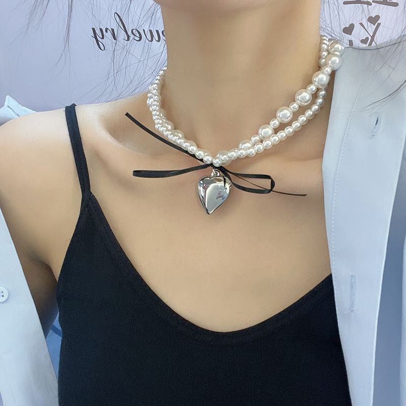 Black Ribbon Bowknot Heart Pendant Necklace