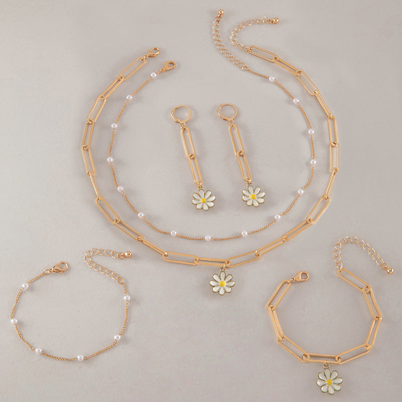 Pearls Daisy Flower Bracelet Earring Necklace Jewelry Set