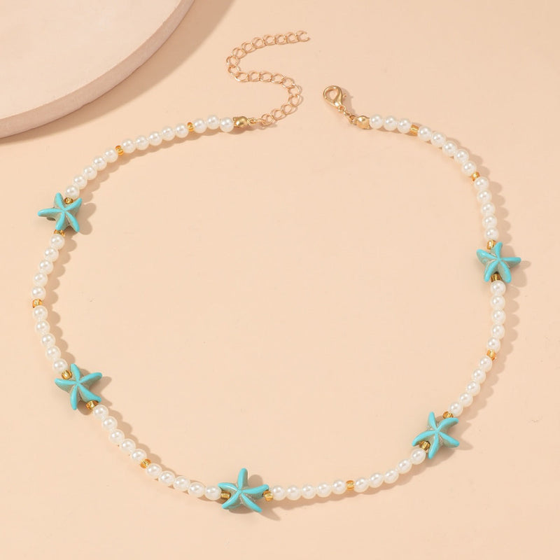 Boho Blue Starfish Pearl Chain Necklace