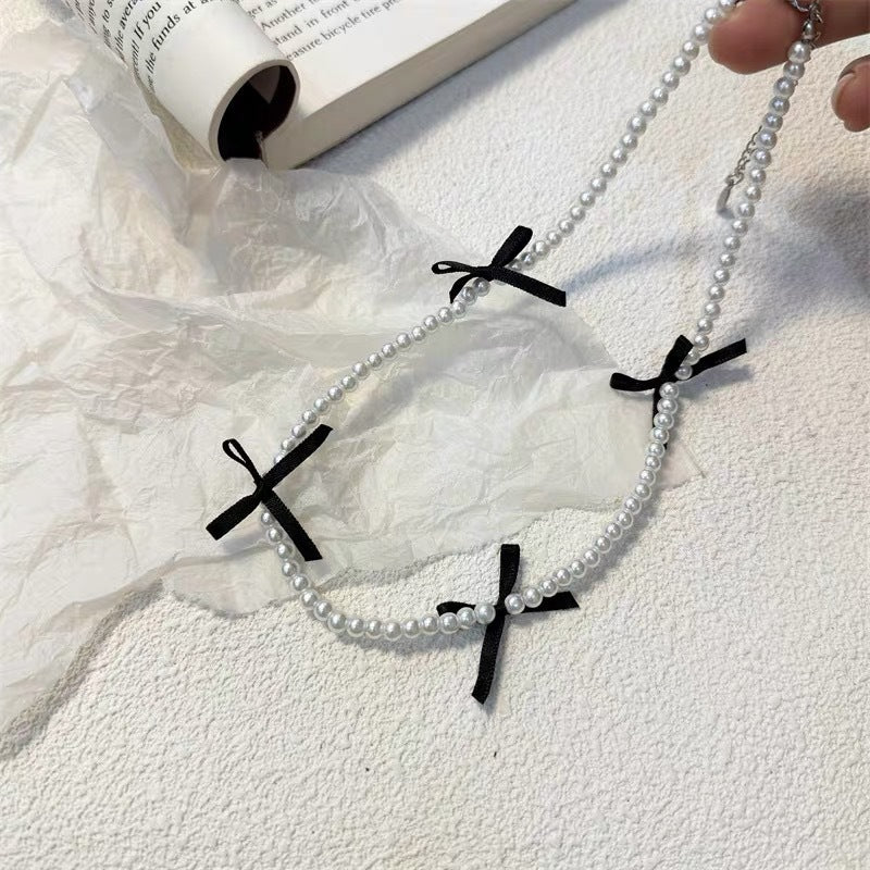Cute Silk Ribbon Bow Charm Rice Beads Short Choker Necklace