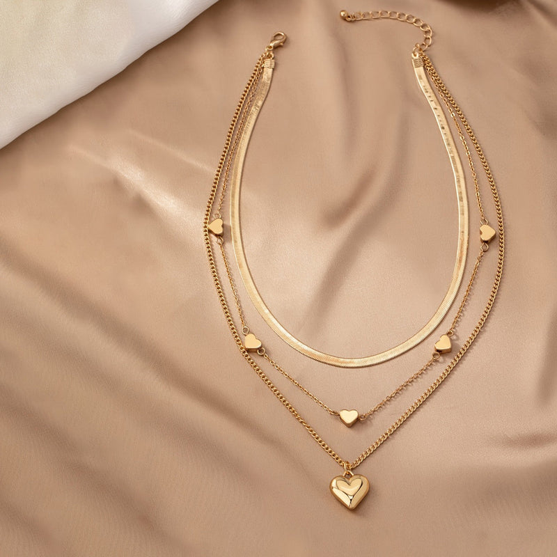 Multi Layered 3pcs Peach Heart Pearl Snake Chain Necklace