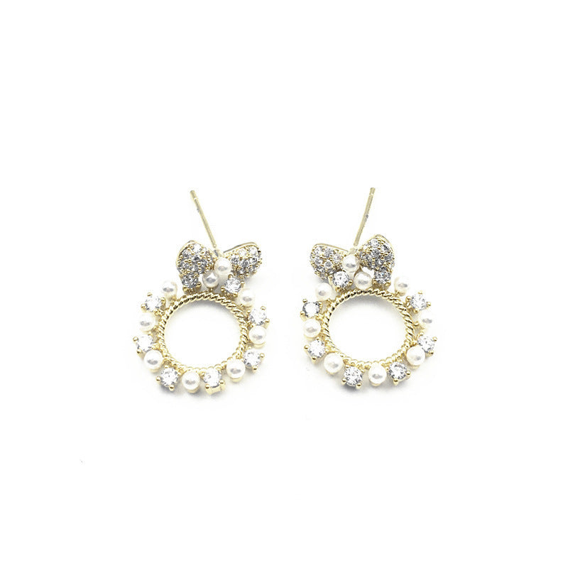 Pearl Circle Drop Bowknot Stud Earrings