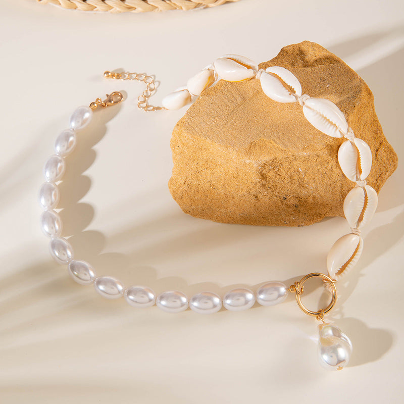 Elegant Bead Chain Pearl Sea Shell Pendant Necklace