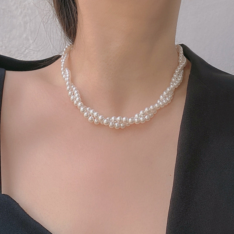 Multi layers women choker Pearl Necklace Round Twisted