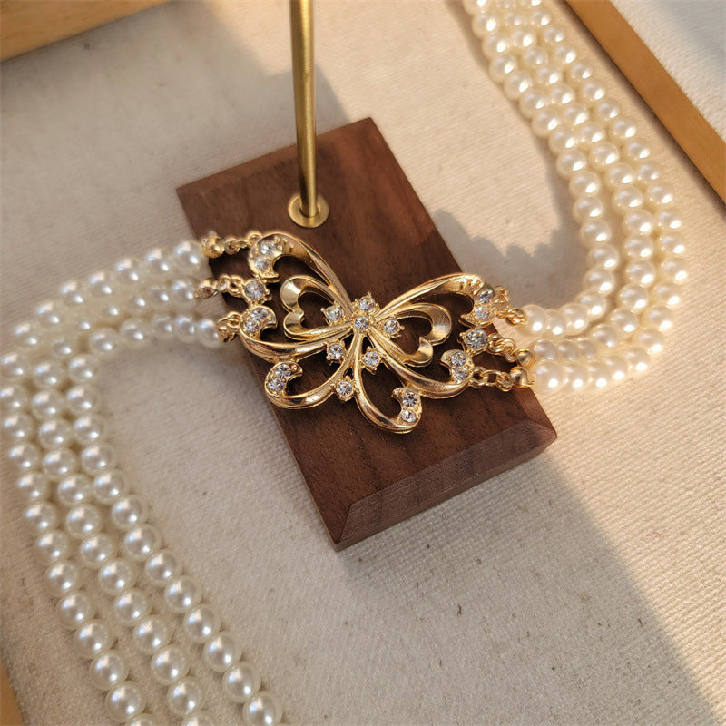 Vintage Multi Layers Pearl Necklace butterfly wings