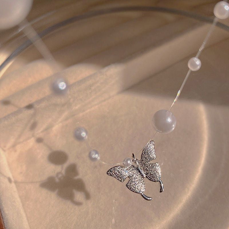 Fashion Silver Pearl butterfly Pendant Necklaces