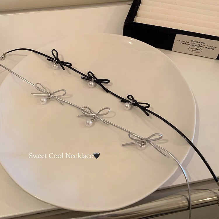 PU Leather Bow Clavicle Chain Choker Pearl