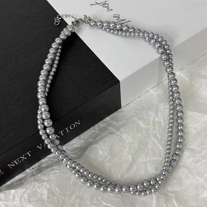 Gray Pearl Necklace Vintage Layer Choker