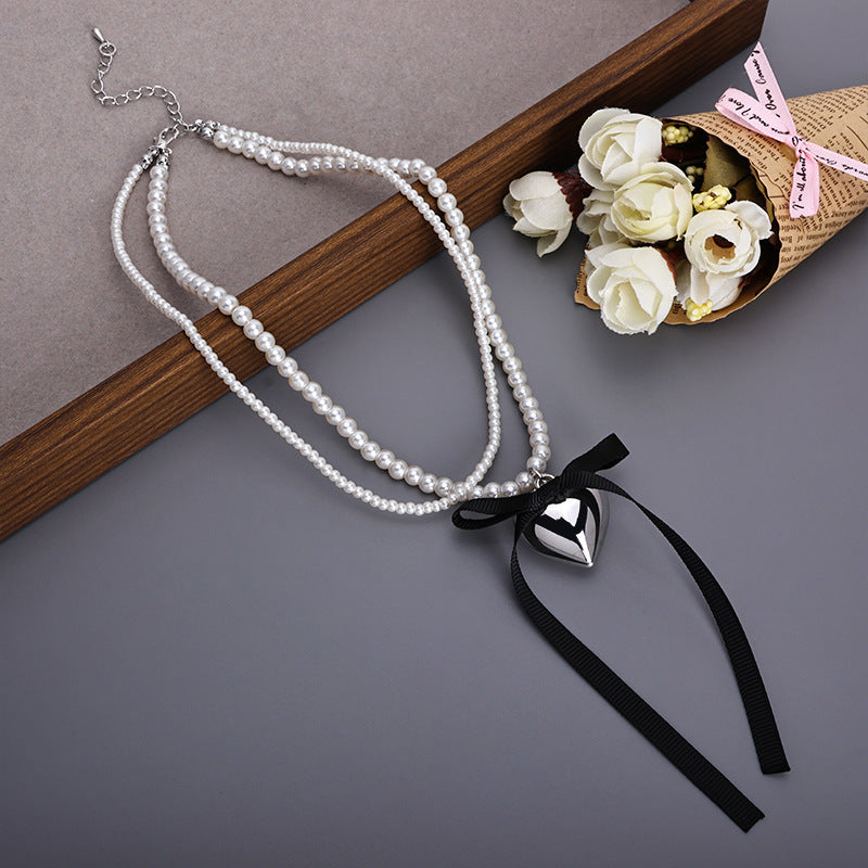 Vintage Love Charm Double Layer Pearl Choker Necklace Ribbon Bow